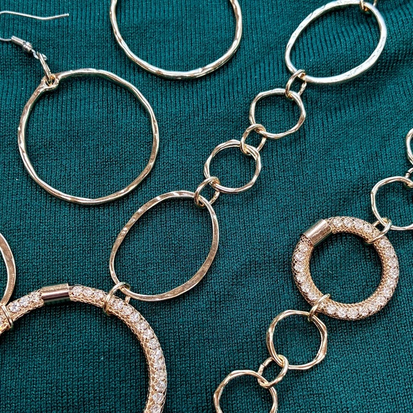 Upcycled Jewelry - Hammered Gold Tone Jewelry Set: Matching Necklace, Bracelet, Earrings